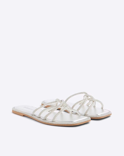 Silver Embellished Twist Strap Flat Sandals