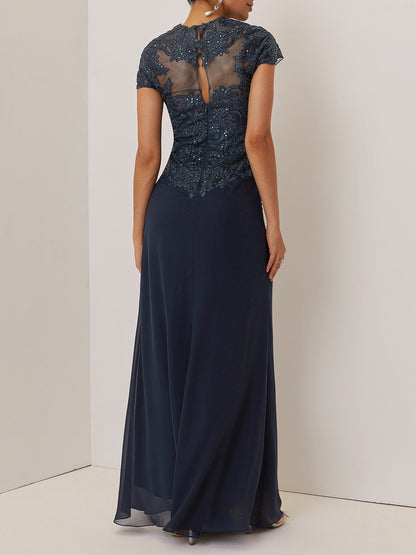 Purplish blue Sequin Lace Chiffon Dress Sweetheart Neckline Short Sleeve A-Line Maxi Mother of the Bride or Groom Dress
