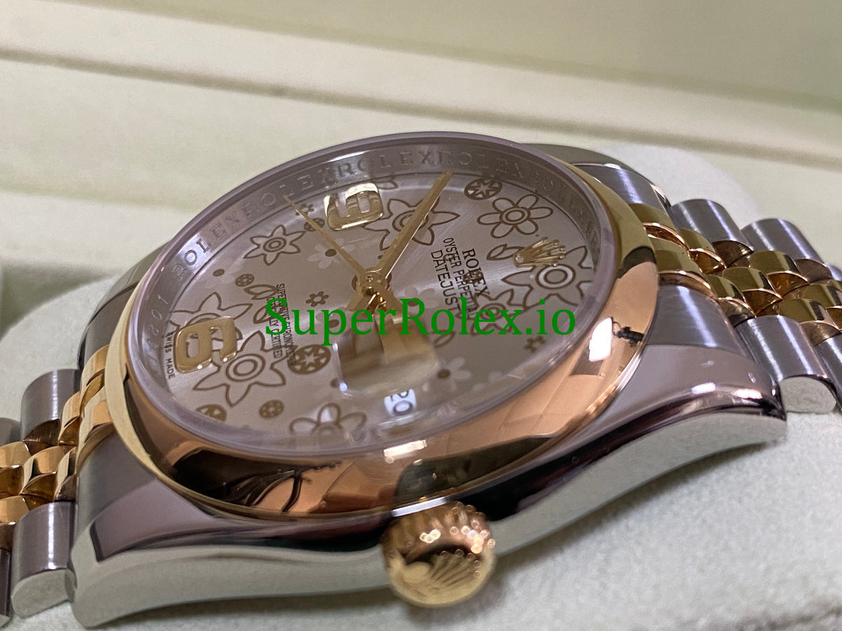 Rolex Datejust 36 Yellow Gold Silver Floral Motif Dial Ref.116203