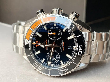 Planet Ocean SeaMaster Chronometer OMF SS Black/Orange Polished Bezel Black Dial on SS Bracelet A9900 (Black Balance Wheel)