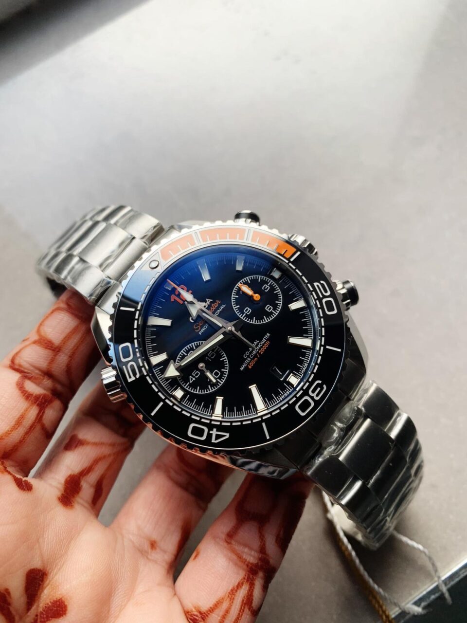 Planet Ocean SeaMaster Chronometer OMF SS Black/Orange Polished Bezel Black Dial on SS Bracelet A9900 (Black Balance Wheel)