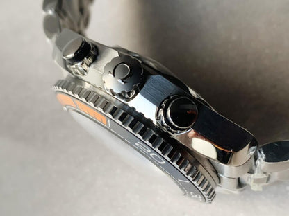 Planet Ocean SeaMaster Chronometer OMF SS Black/Orange Polished Bezel Black Dial on SS Bracelet A9900 (Black Balance Wheel)
