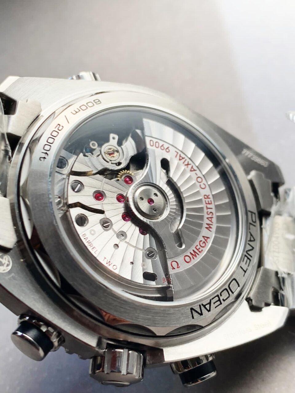 Planet Ocean SeaMaster Chronometer OMF SS Black/Orange Polished Bezel Black Dial on SS Bracelet A9900 (Black Balance Wheel)