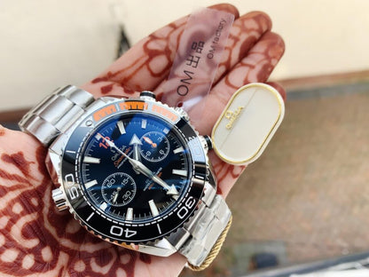 Planet Ocean SeaMaster Chronometer OMF SS Black/Orange Polished Bezel Black Dial on SS Bracelet A9900 (Black Balance Wheel)