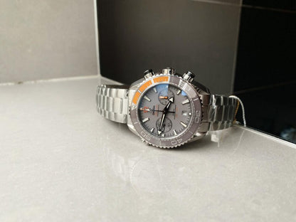 Planet Ocean SEAMASTER Chronometer OMF SS Grey/Orange Polished Bezel Grey Dial on SS Bracelet A9900 (Black Balance Wheel)