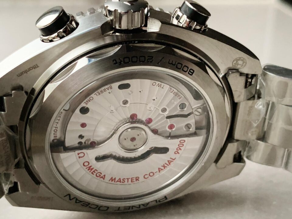 Planet Ocean SEAMASTER Chronometer OMF SS Grey/Orange Polished Bezel Grey Dial on SS Bracelet A9900 (Black Balance Wheel)
