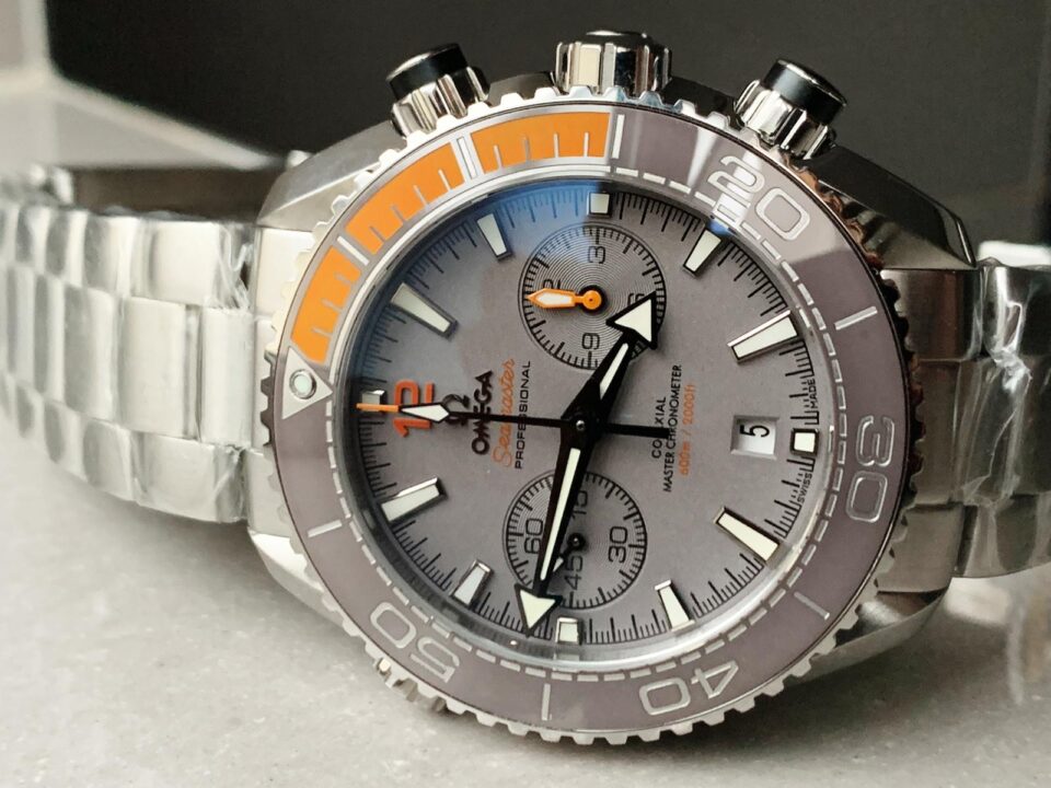 Planet Ocean SEAMASTER Chronometer OMF SS Grey/Orange Polished Bezel Grey Dial on SS Bracelet A9900 (Black Balance Wheel)