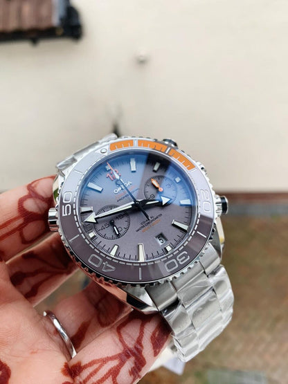 Planet Ocean SEAMASTER Chronometer OMF SS Grey/Orange Polished Bezel Grey Dial on SS Bracelet A9900 (Black Balance Wheel)