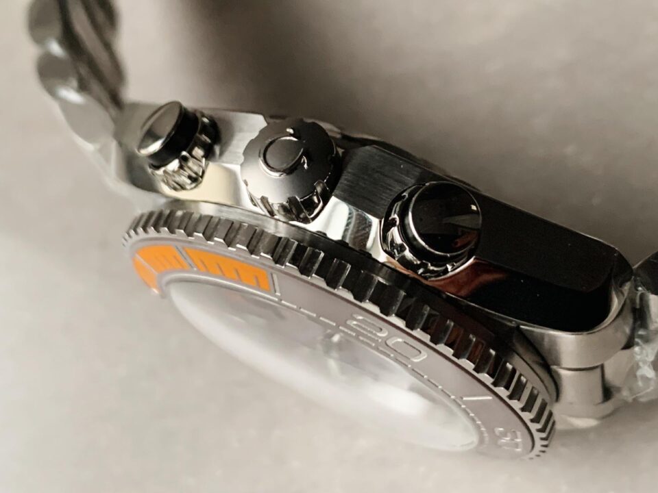 Planet Ocean SEAMASTER Chronometer OMF SS Grey/Orange Polished Bezel Grey Dial on SS Bracelet A9900 (Black Balance Wheel)