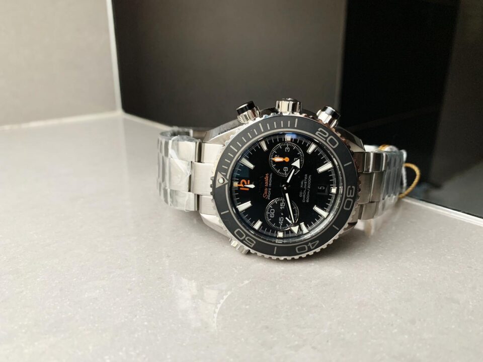 Planet Ocean SEAMASTER Chronometer OMF SS Black Matte Bezel Grey Dial on SS Bracelet A9900 (Black Balance Wheel)