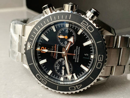 Planet Ocean SEAMASTER Chronometer OMF SS Black Matte Bezel Grey Dial on SS Bracelet A9900 (Black Balance Wheel)
