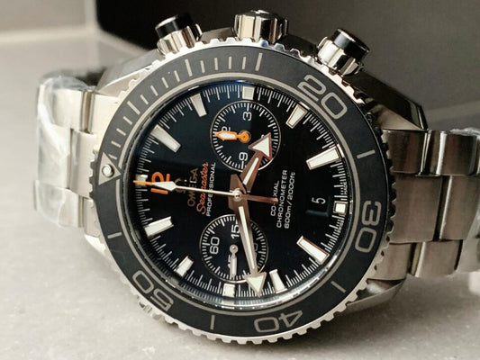 Planet Ocean SEAMASTER Chronometer OMF SS Black Matte Bezel Grey Dial on SS Bracelet A9900 (Black Balance Wheel)