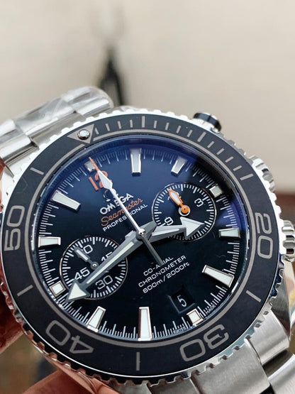 Planet Ocean SEAMASTER Chronometer OMF SS Black Matte Bezel Grey Dial on SS Bracelet A9900 (Black Balance Wheel)