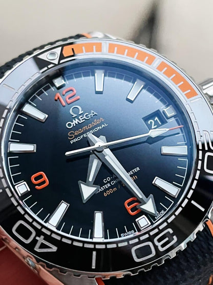 Planet Ocean 43.5mm SS VSF 1:1 Best Edition Black/Orange Bezel Black Dial on Black Nylon Strap A8900