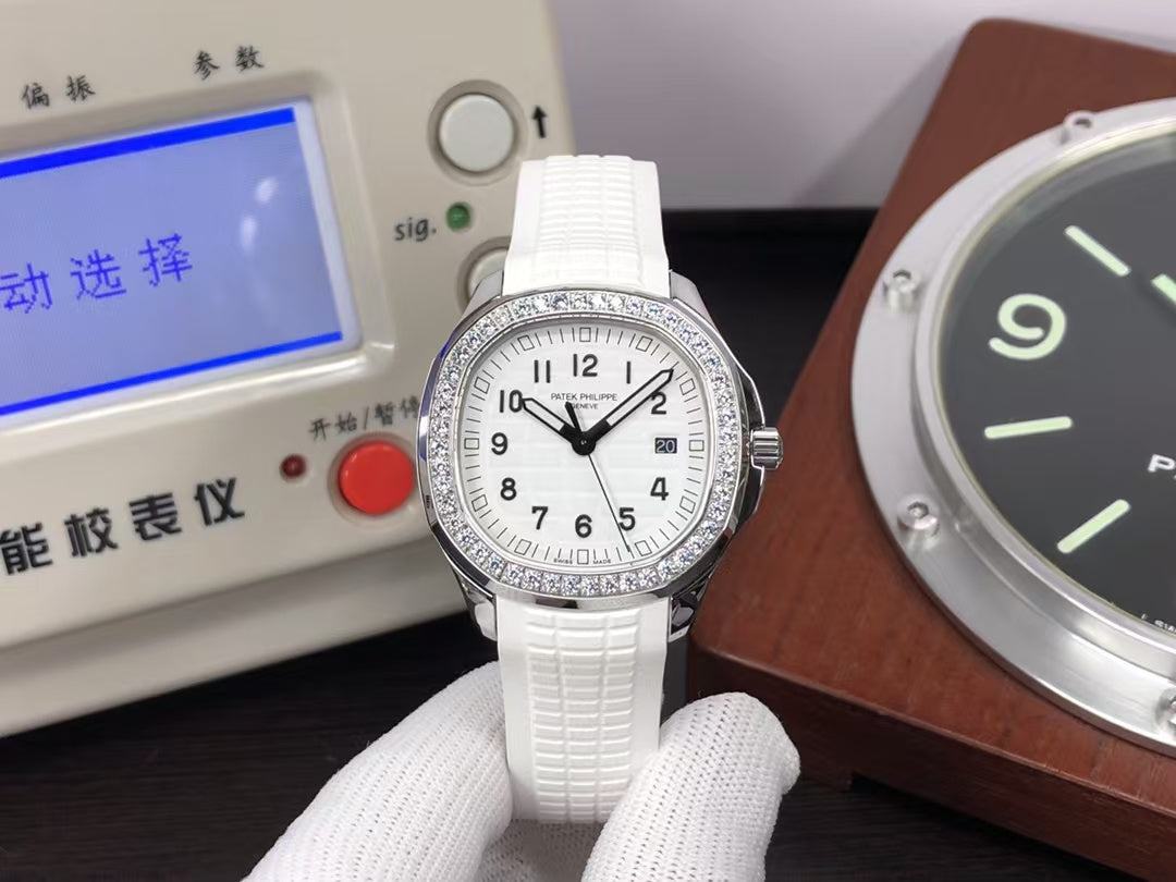 pp Aquanaut 5267/200A Swiss Quartz Movement Diamond Bezel White Rubber Band