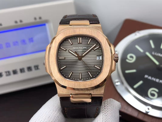 pp Nautilus 5711 Rose Gold Case Grey Dial Brown Leather Strap with 324 Movement