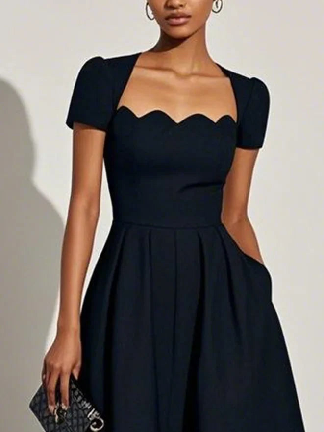 Black Asymmetric Classic Scalloped Square Neck Short Sleeve A-Line Midi Dress