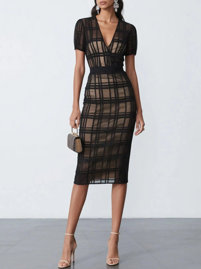 Black Organza Plaid Classic V Neck Short Sleeve Sheath Midi Dress