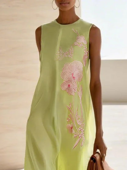 Yellow Embroidery Classic Lyocell Crew Neck Sleeveless A-Line Maxi Dress