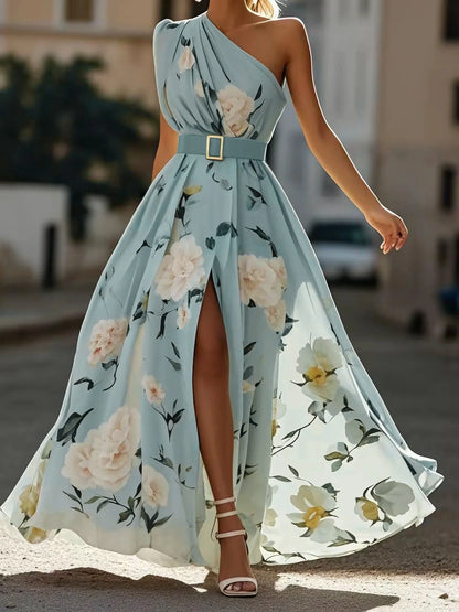 Light Blue Floral Ruched One Shoulder A-Line Maxi Chiffon Dress