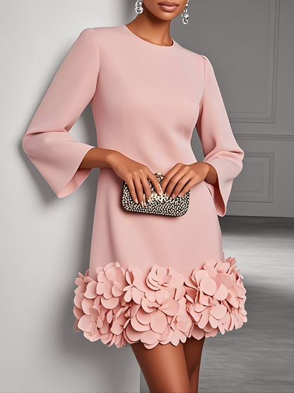 Pink 3D Floral Classic Crew Neck Long Sleeve Shift Mini Dress