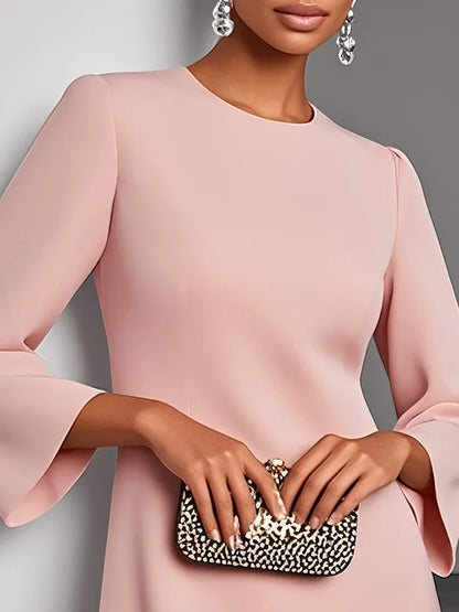 Pink 3D Floral Classic Crew Neck Long Sleeve Shift Mini Dress