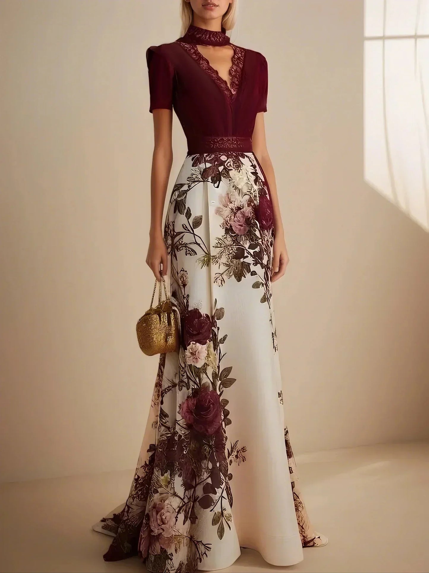 Wine Red Lace Floral Satin V Neck Short Sleeve A-Line Maxi Dress