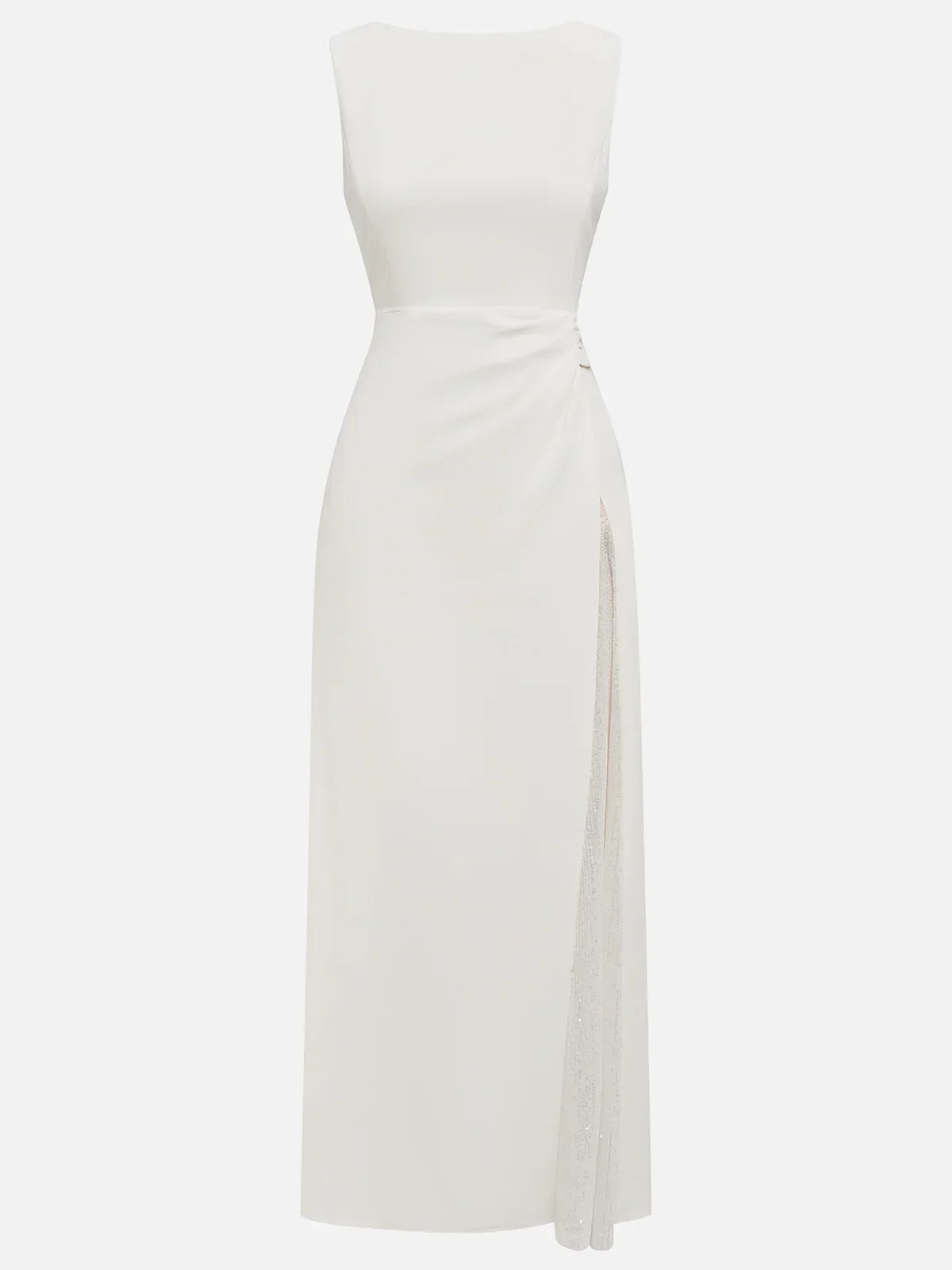White Sequin Ruched Classic Sleeveless A-Line Midi Dress