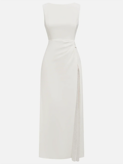 White Sequin Ruched Classic Sleeveless A-Line Midi Dress