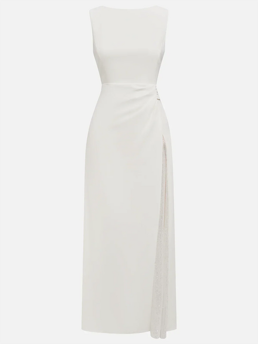 White Sequin Ruched Classic Sleeveless A-Line Midi Dress