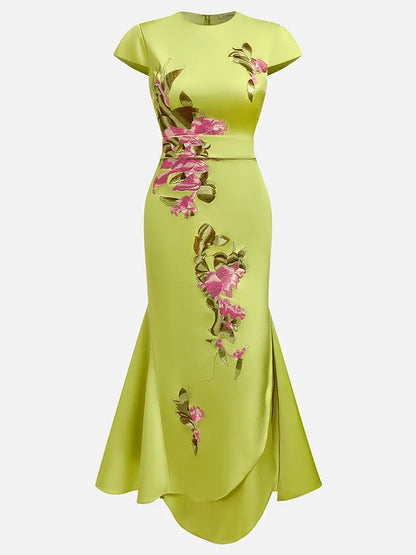 Green Satin Floral Embroidered Cap Sleeve Slit Sheath Maxi Dress