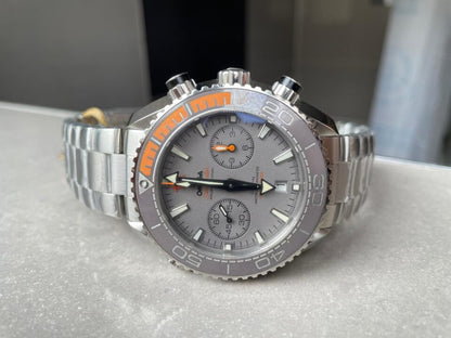 Planet Ocean SEAMASTER Chronometer OMF SS Grey/Orange Polished Bezel Grey Dial on SS Bracelet A9900 (Black Balance Wheel)