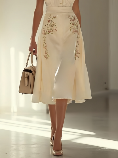 Apricot Embroidery Floral Classic Bow Collar Cap Sleeve A-Line Midi Dress
