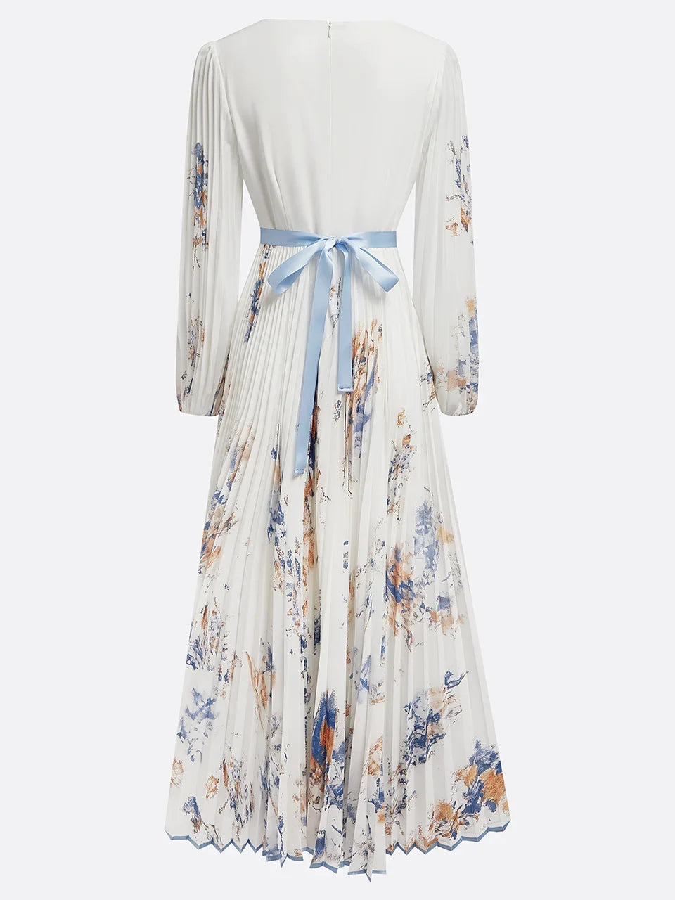 White Pleated Floral Chiffon V Neck Long Sleeve Balloon Sleeve A-Line Maxi Dress