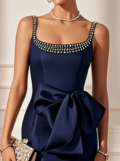 Purplish Blue Hotfix Embellished Bow Satin Square Neck Sleeveless Sheath Midi Dress