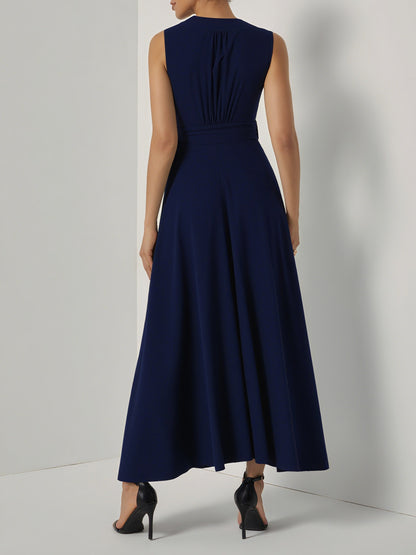 Purplish Blue Bow Lyocell Linen Wrap V Neck Sleeveless A-Line Maxi Dress