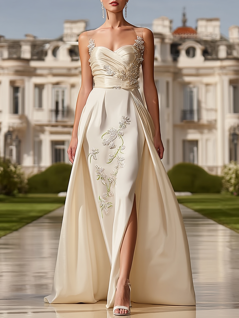 White Lace Embroidery Bridal/Wedding Dress Spaghetti Sleeveless A-Line Gown Dress
