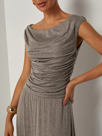 Khaki Lyocell Wool Ruched Knit Off The Shoulder Sleeveless A-Line Maxi Dress