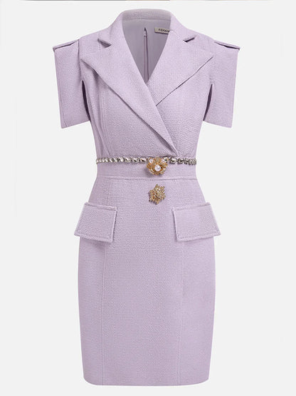 Lavender Purple Shawl Collar Short Sleeve Tweed Sheath Mini Homecoming Dress