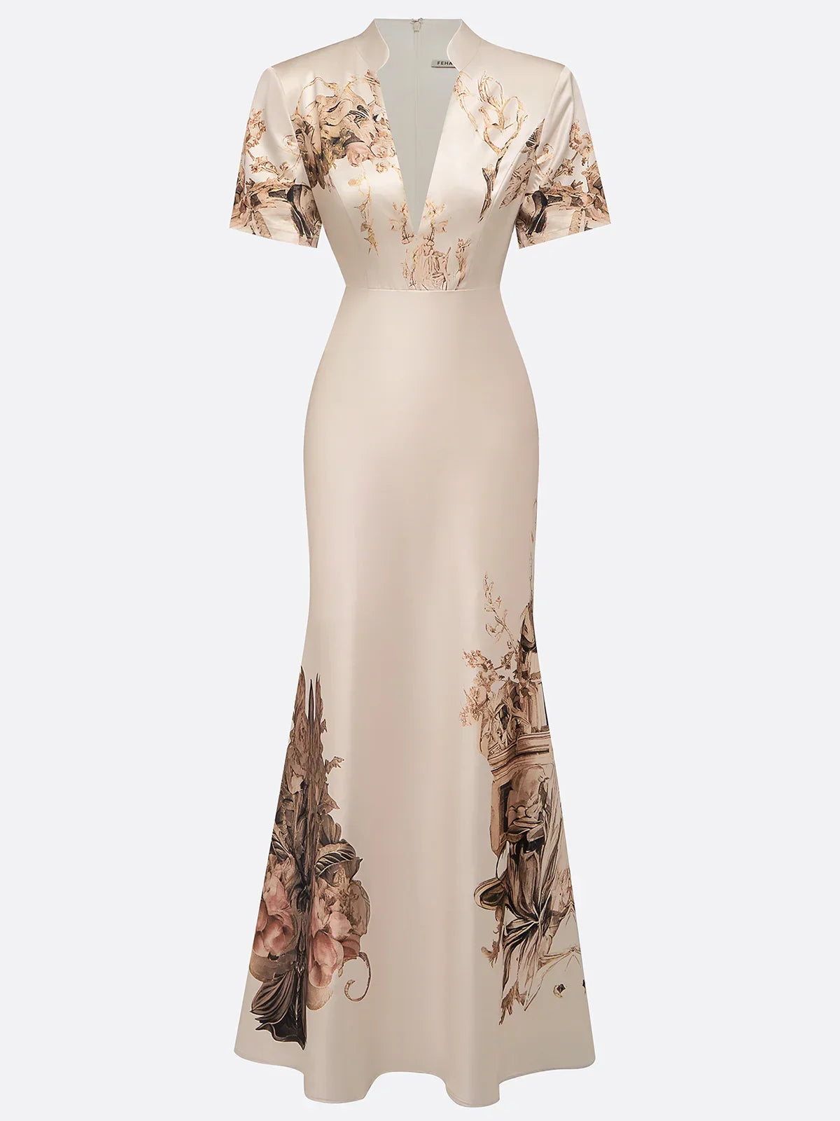 Beige Floral Satin Deep V Neck Short Sleeve Mermaid Maxi Dress