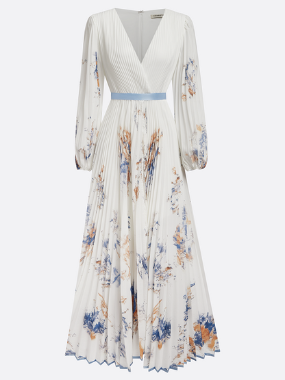 White Pleated Floral Chiffon V Neck Long Sleeve Balloon Sleeve A-Line Maxi Dress