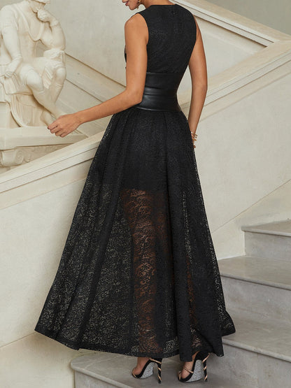 Black Lace Hollow Out Cotton Crew Neck Sleeveless A-Line Maxi Dress With Belt