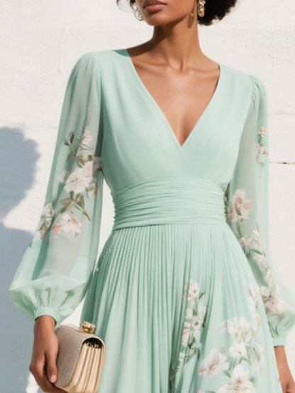 Light Green Ruched Floral Chiffon V Neck Long Sleeve Balloon Sleeve A-Line Maxi Dress